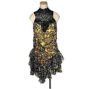 Esley women's dress S yellow black rose print lace high neck flowy ruffles
